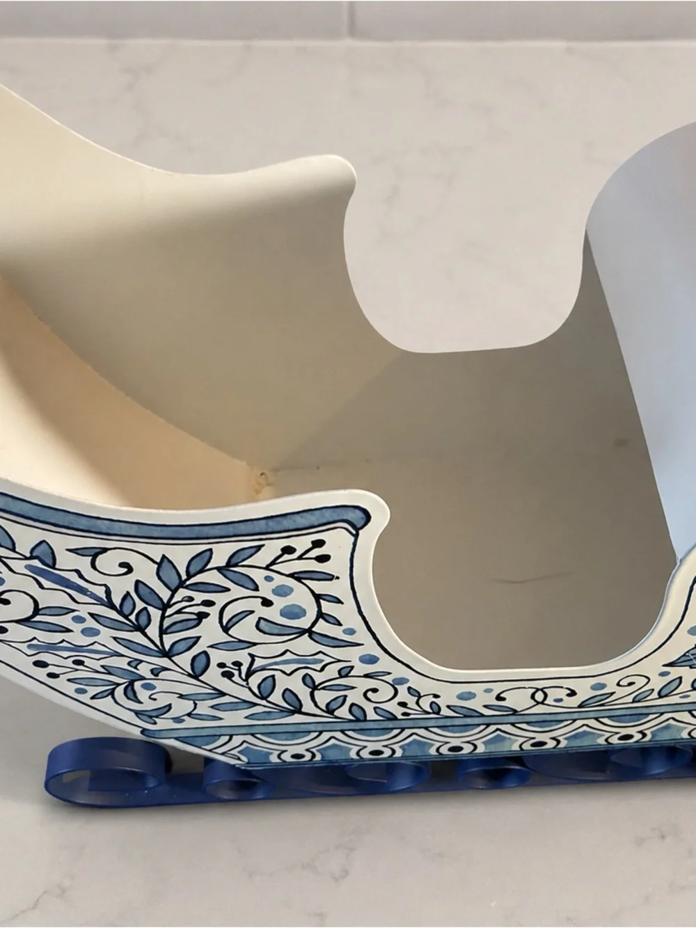 Blue & White Floral Christmas Sleigh Tabletop Centerpiece 12”